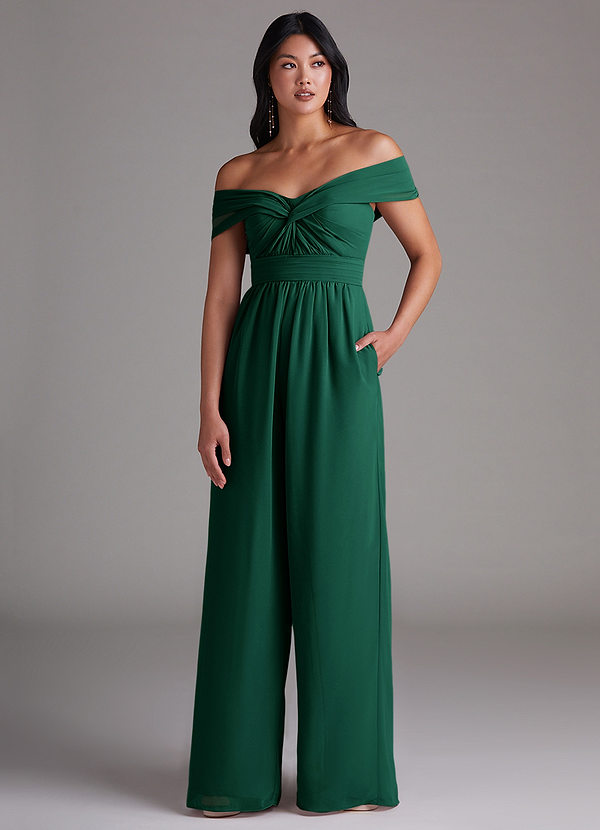 Azazie Lamara Bridesmaid Dresses Emerald Off the Shoulder Chiffon Convertible Jumpsuit image1