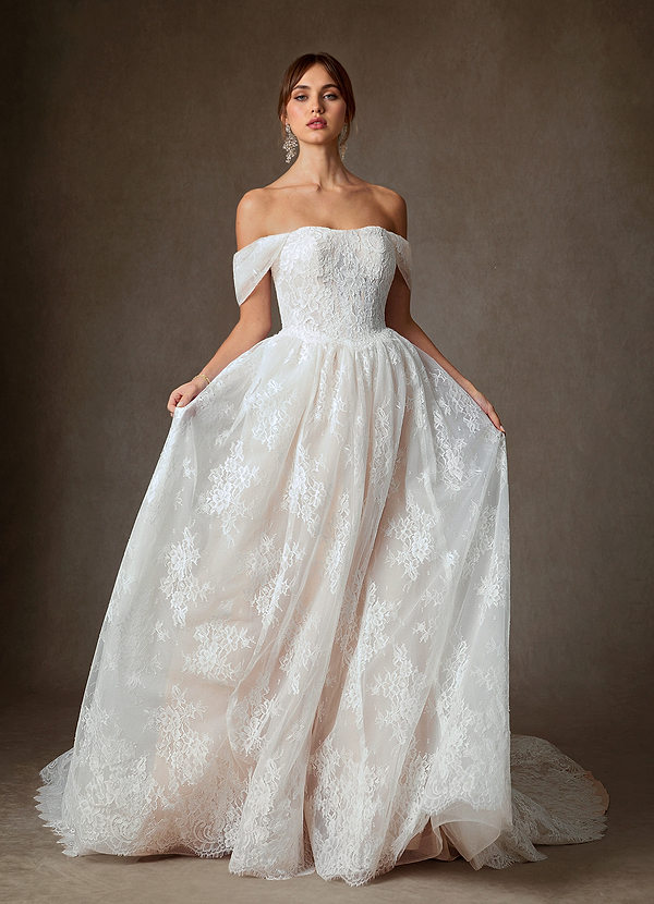 Azazie Justice Wedding Dresses Diamond White Champagne Ball-Gown Off the Shoulder Lace Dress image1
