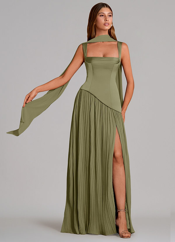 Azazie Stephanie Vestidos Dama de Honor Vestido de Pistacho de Satén Elástico de Corte en A con Plisado image1