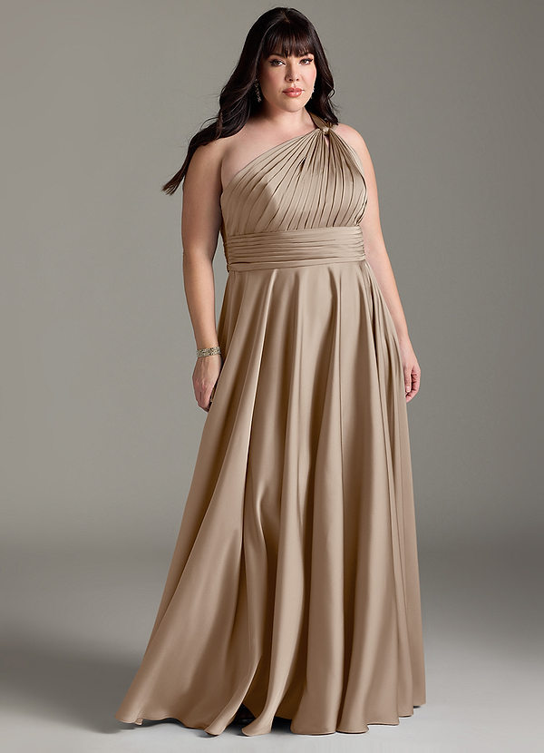 Azazie Charlize Bridesmaid Dresses Taupe A-Line One Shoulder Stretch Satin Dress image1