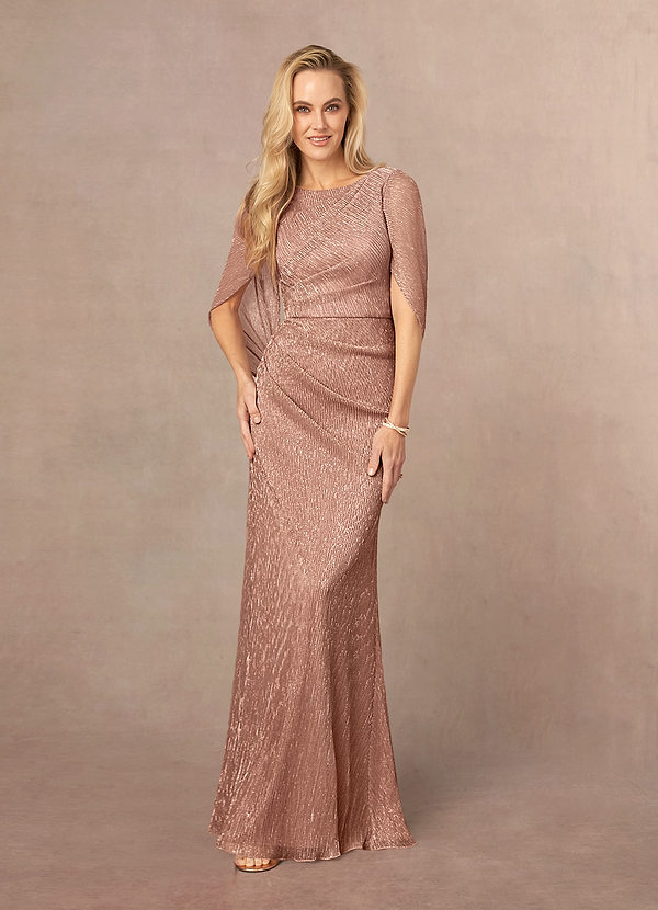 Azazie Paige Mother of the Bride Dresses Rose Gold Sheath Pleated Cape Metallic Mesh Dress image1