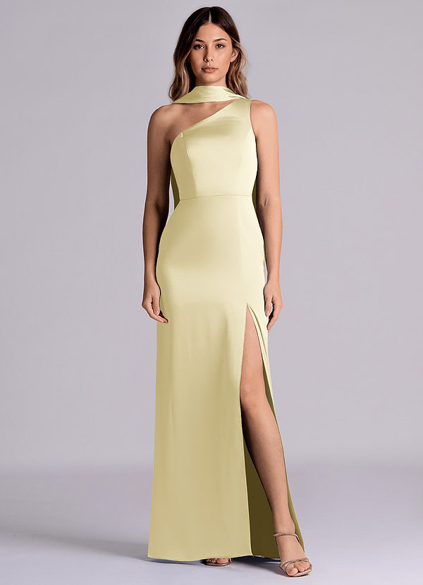 Azazie Philana 신부 들러리 드레스 A라인 한쪽 어깨 스트레치 새틴 바닥 길이 드레스 image1