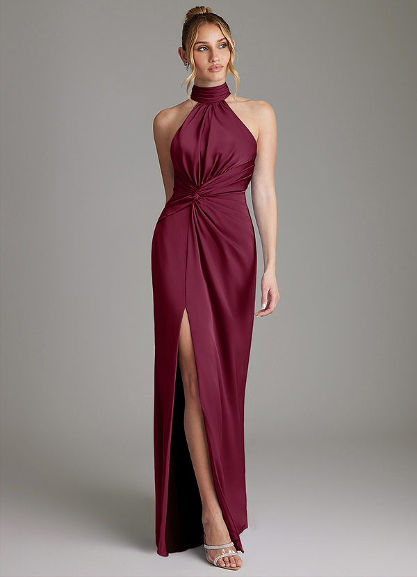 Azazie Gracelynn Bridesmaid Dresses Mulberry Sheath Pleated Stretch Satin Dress image1