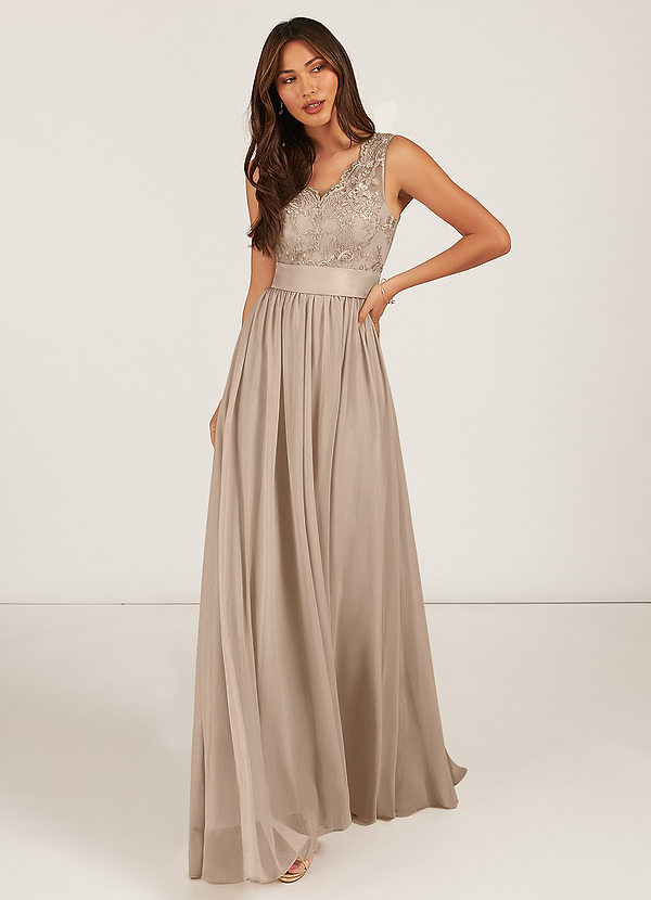 Azazie Gertrude Bridesmaid Dresses Taupe A-Line Lace Chiffon Dress image1