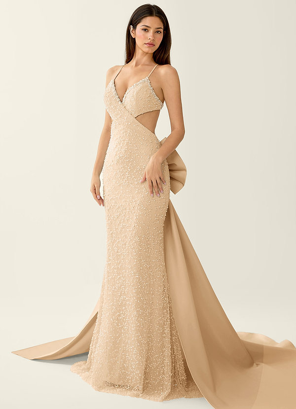 Lunemma Champagne Robe de bal sirène à col en V et dos nu ornée de perles image1