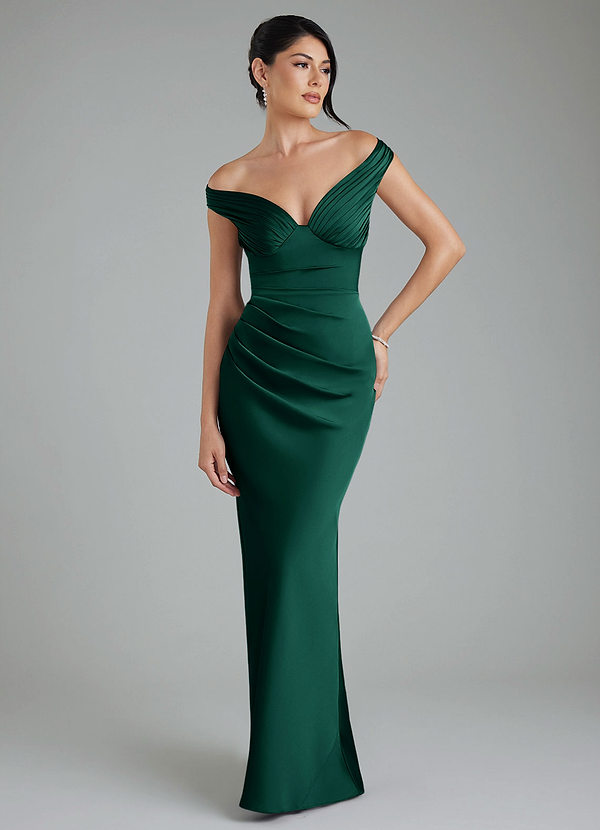 Azazie Stella Bridesmaid Dresses Emerald Sheath Corset Stretch Satin Convertible Dress image1
