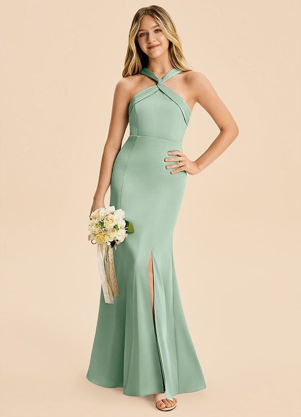 Azazie Rue Junior Agave Mermaid Pleated Stretch Satin Dress image1