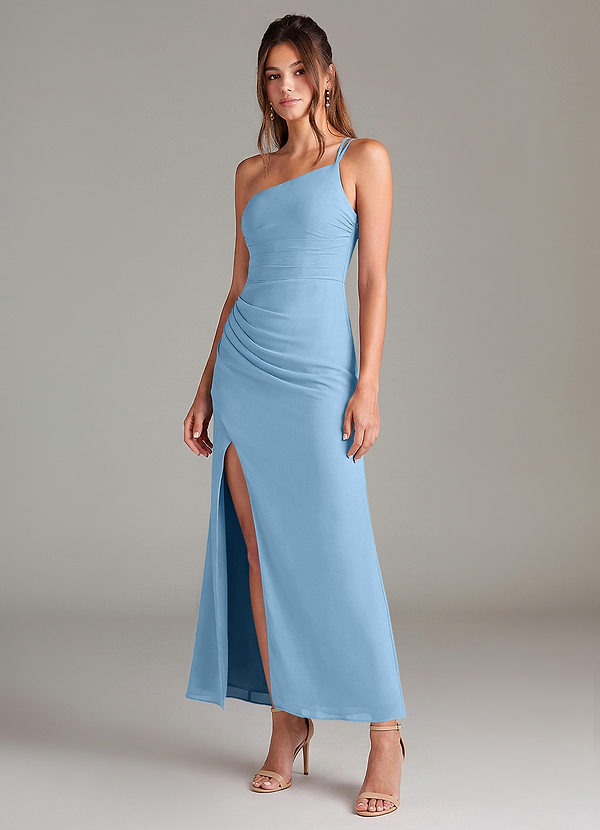 Azazie Eren 신부 들러리 드레스 인어 한쪽 어깨 쉬폰 발목 길이 드레스 image1