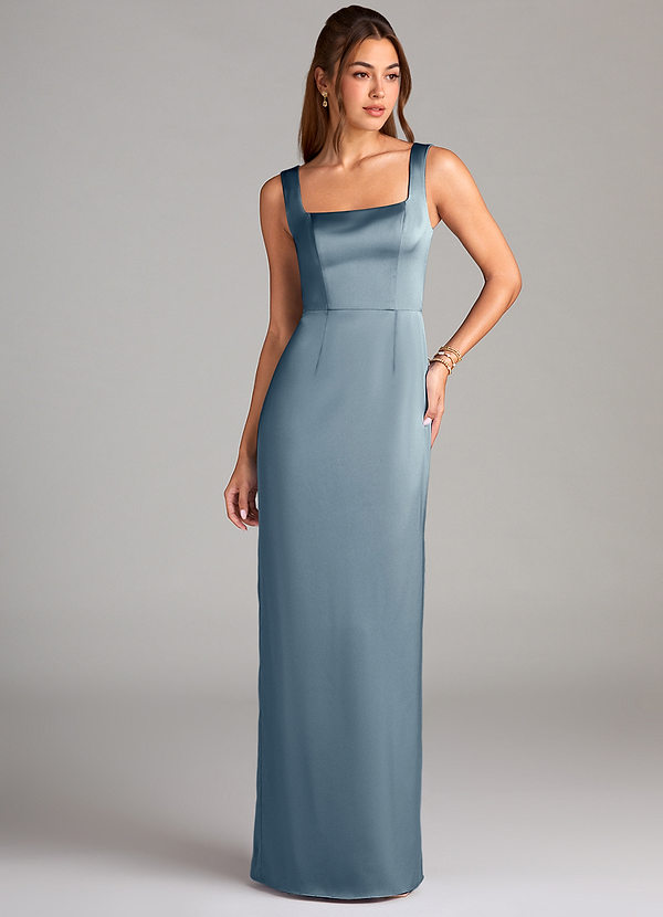 Azazie Flori Bridesmaid Dresses Dusty Blue Sheath Side Slit Stretch Satin Dress image1