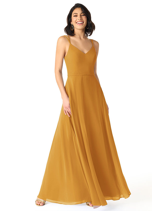 Azazie Janine Bridesmaid Dresses Butterscotch A-Line V-Neck Chiffon Dress image1