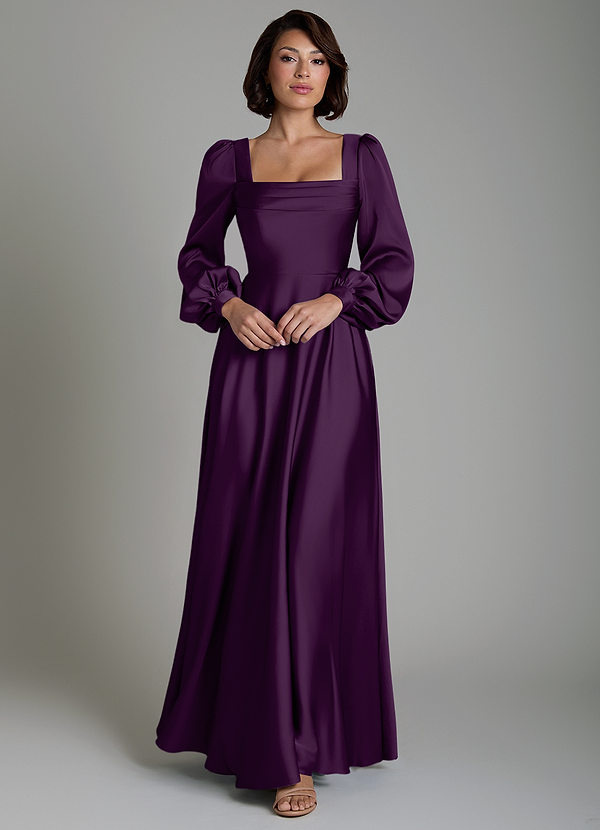 Azazie Solana Bridesmaid Dresses Grape A-Line Long Sleeve Stretch Satin Dress image1