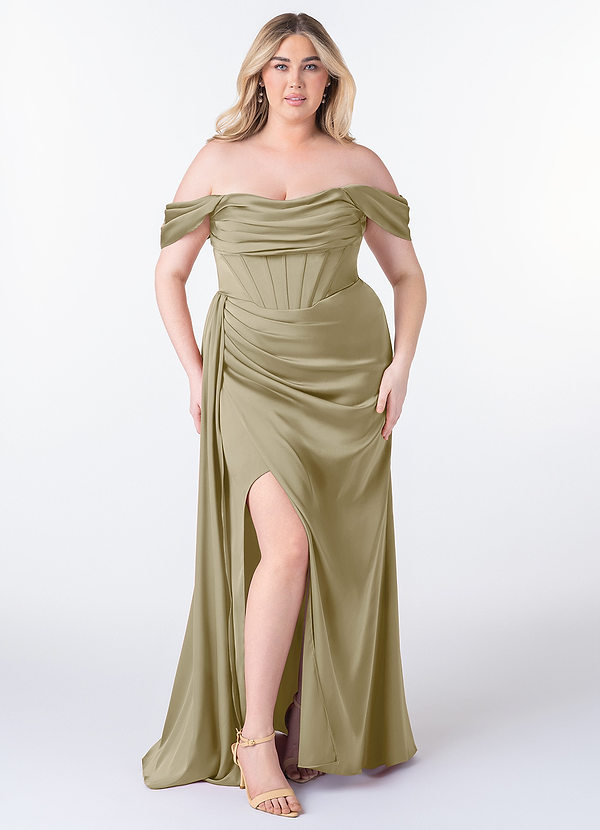 Azazie Amyra Robes Demoiselle d'honneur Robe Fourreau Convertible en Satin extensible Épaule décolletée Vert Mousse image1
