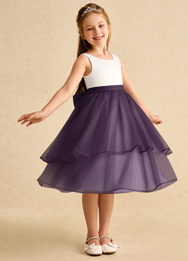 Azazie Rene Flower Girl Dresses Ivory Plum A-Line Bow Tulle Dress image1
