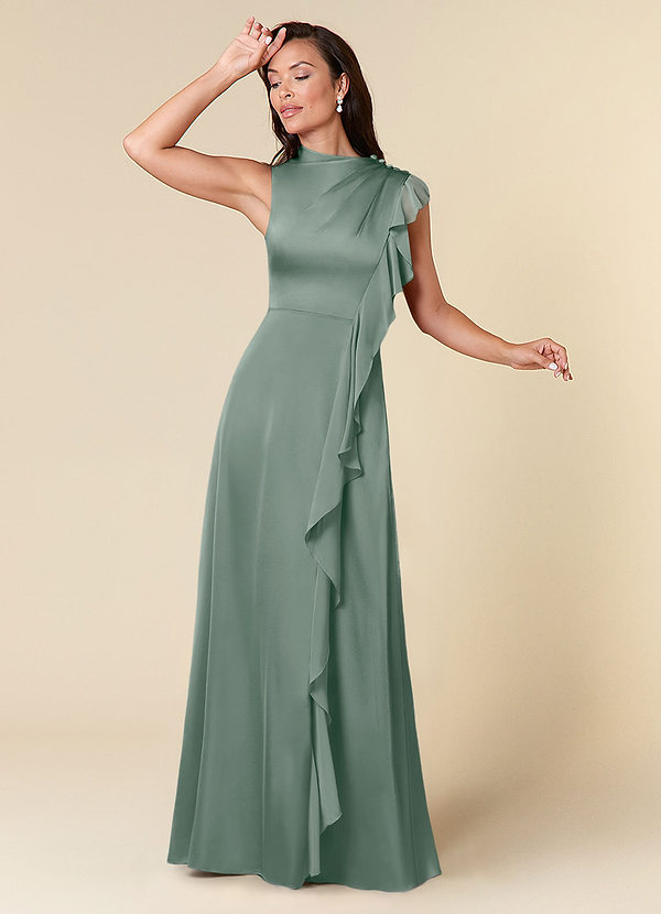 Azazie Narine Abiti da Mamma Sposa Abito A-Line in Raso Elasticizzato Scollo alto plissettato Salvia Argentata image1