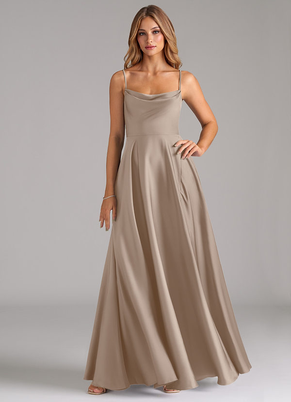 Azazie Elle Bridesmaid Dresses Taupe A-Line Pleated Stretch Satin Dress image1