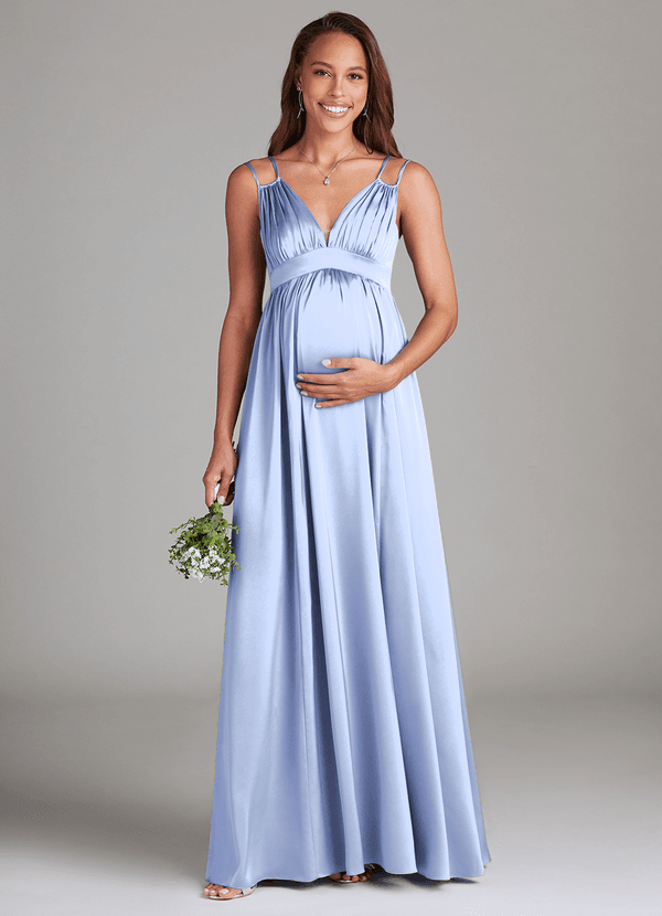 Azazie Emree Maternity Bridesmaid Dresses A-Line Stretch Satin Floor-Length Dress with Pockets image1