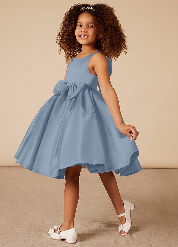 Azazie Bo Peep Flower Girl Dresses A-Line Bow Matte Satin Knee-Length Dress image1