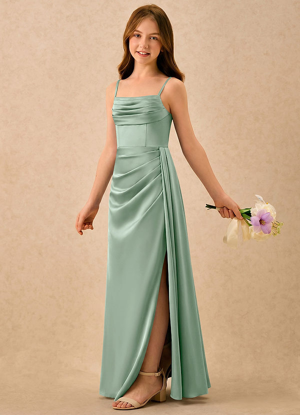 Azazie Shyla Girls Formal Bloemenmeisjesjurken Kolom Jurk van Stretch Satijn Geplooide Agave image1