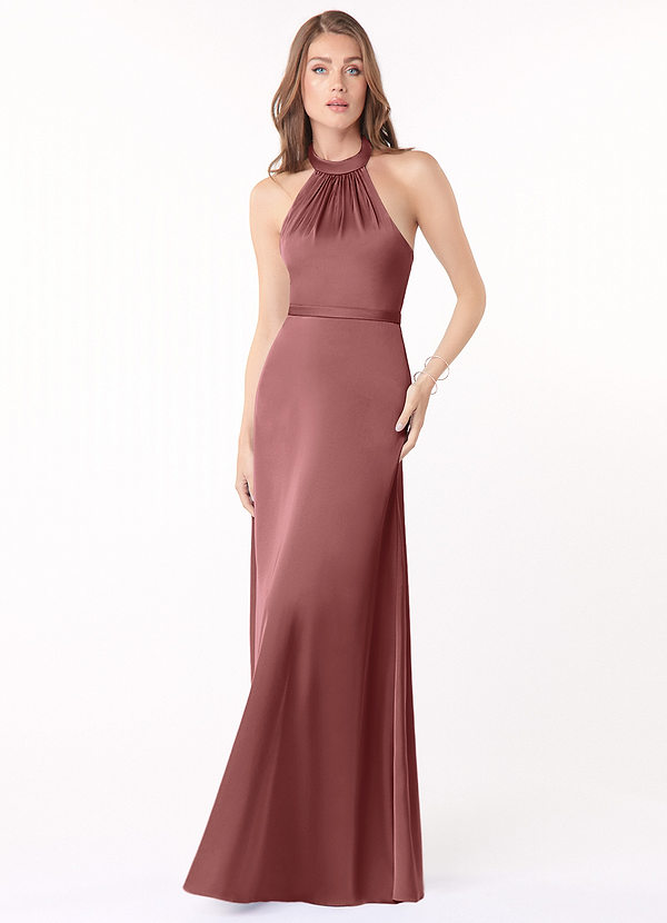 Azazie Delmar Bridesmaid Dresses Amethyst A-Line Halter Bow Stretch Satin Dress image1