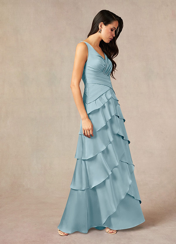 Azazie Viola Mother of the Brides Dresses Moody Blue A-Line Pleated Stretch Satin Dress image1