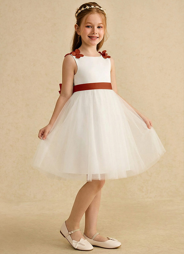 Azazie Lona Abiti da Ragazza di Fiori Abito A-Line in Raso Opaco Fiocco Avorio Paprika image1