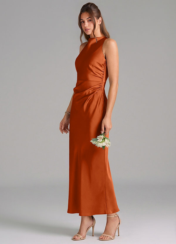 Azazie Evadne Bridesmaid Dresses Burnt Orange Sheath Pleated Stretch Satin Dress image1