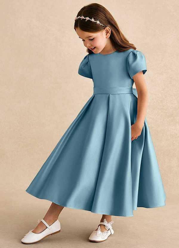 Azazie Princess Flower Girl Dresses Moody Blue A-Line Pleated Matte Satin Dress image1