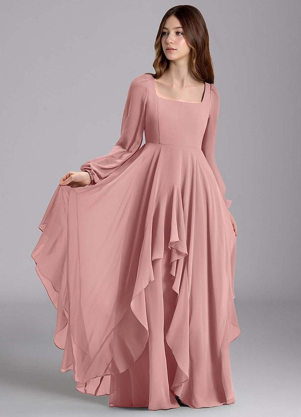 Azazie Clara Junior Robe Trapèze en Mousseline de soie Blouson Rose Poussiéreuse image1