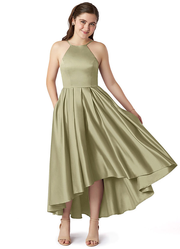 Azazie Jemima Junior Pistachio A-Line with Pockets Stretch Satin Dress image1