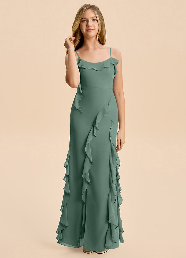 Azazie Phoebe Junior Sea Moss Sheath Ruched Chiffon Dress image1