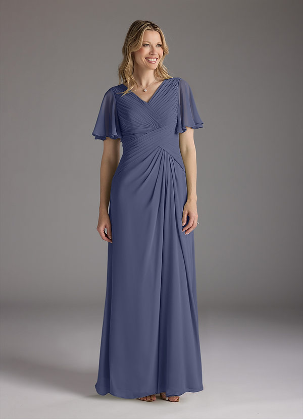 Azazie Morning Glory Mother of the Brides Dresses Stormy A-Line V-Neck Ruched Chiffon Dress image1