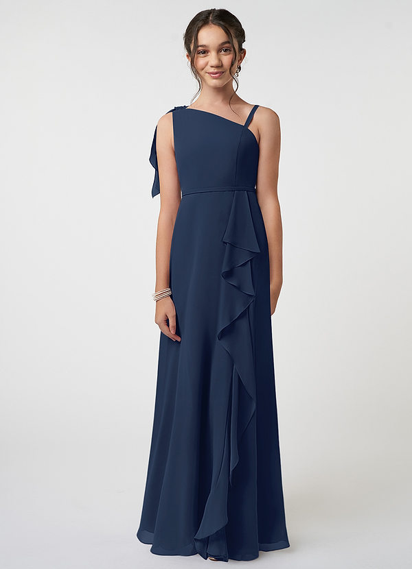 Azazie Aidy Junior A라인 절하다 쉬폰 플로어 길이 주니어 신부 들러리 드레스 image1