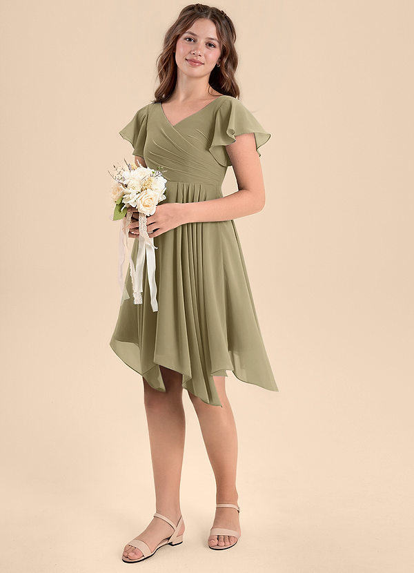 Azazie Janeaurelia Junior Abito A-Line in Chiffon Plissettato Verde Muschio image1