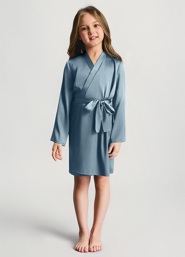 front Dusty Blue Girls Satin Robe