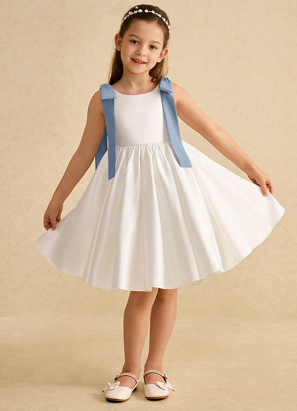 Azazie Stacie Bloemenmeisjes Jurken A-Lijn Jurk van Mat Satijn Boog Ivoor Stoffig Blauw image1