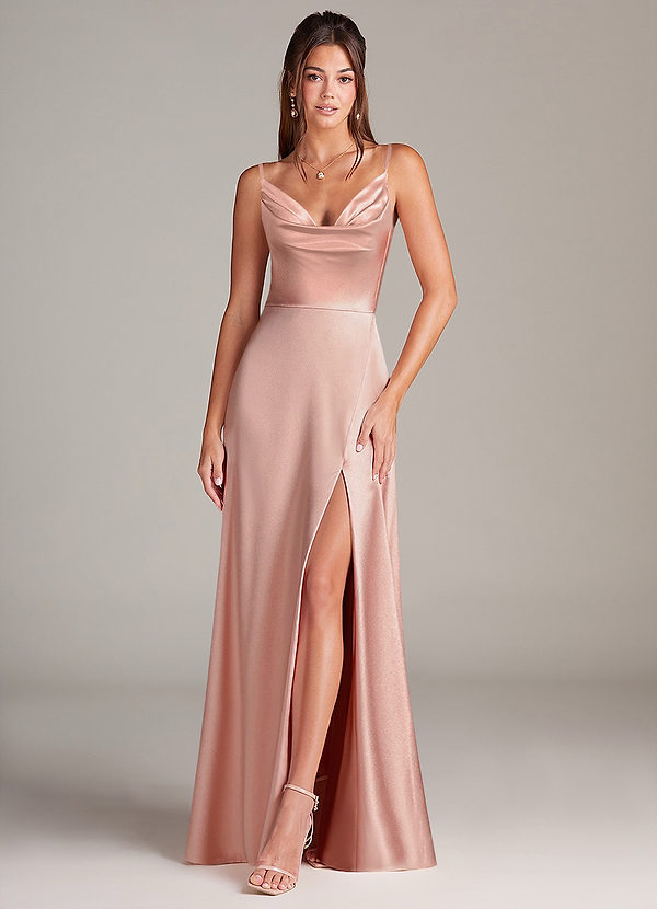 Azazie Sarella Bridesmaid Dresses English Rose A-Line with Pockets Metallic Satin Dress image1