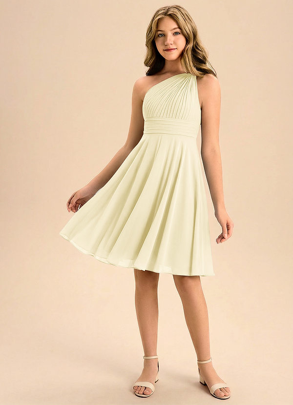 Azazie Charlize Junior Lemon Sorbet A-Line Pleated Chiffon Dress image1