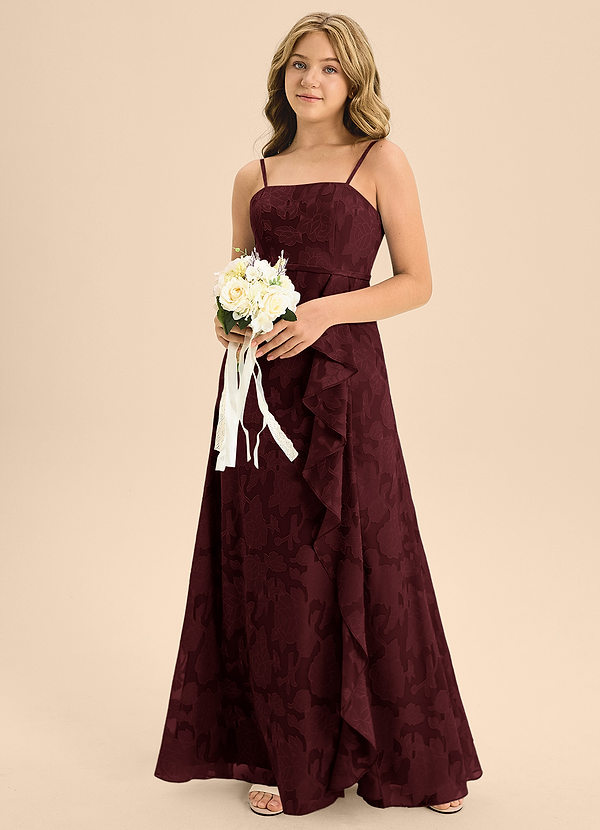 Azazie Kaylee Junior Cabernet A-Line with Belt Floral Burnout Dress image1