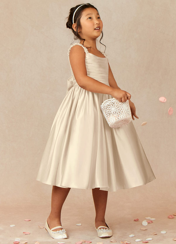 Azazie Cutie Pie Flower Girl Dresses Champagne A-Line Pleated Matte Satin Dress image1