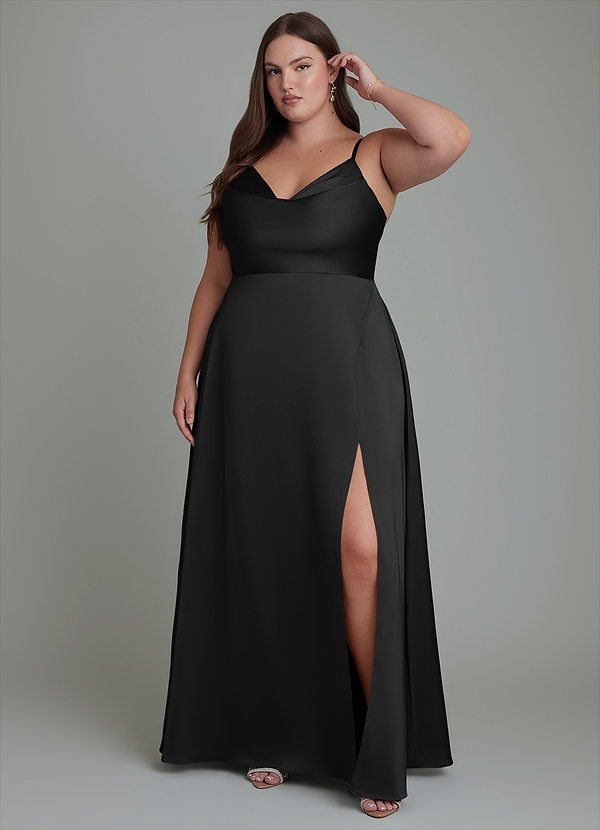 Azazie Sarella Vestidos de dama de honor Vestido Negro de Satén Elástico de Línea A con Plisado image1