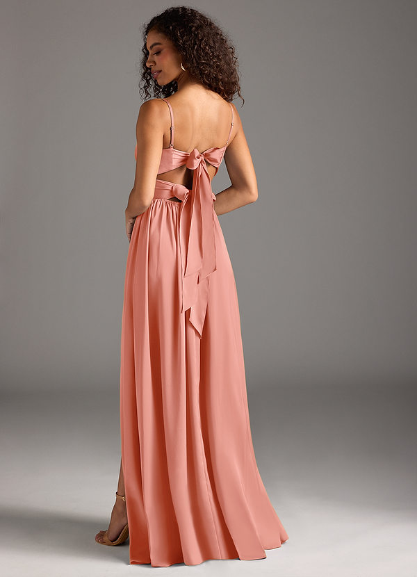 Azazie Zeya Bridesmaid Dresses Coral A-Line Pleated Stretch Satin Dress image1