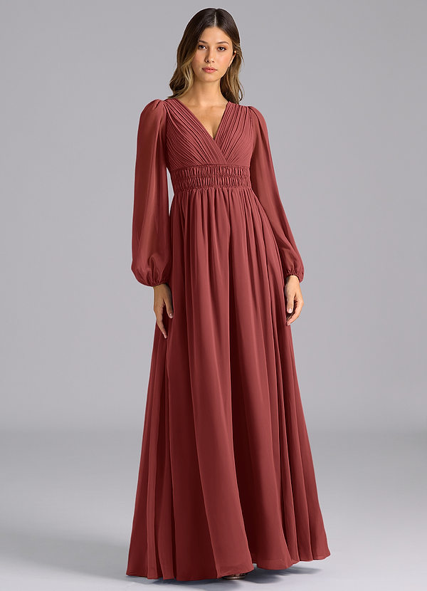 Azazie Palerma Robes de demoiselle d'honneur Robe Trapèze en Mousseline de soie Manches longues Terracotta image1