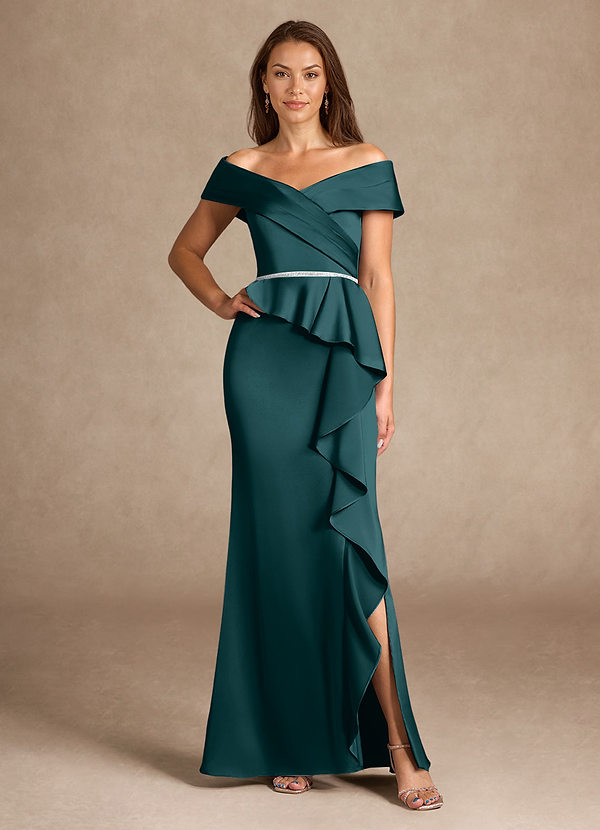 Azazie Dareia Mother of the Brides Dresses Pine Mermaid Off the Shoulder Stretch Satin Dress image1