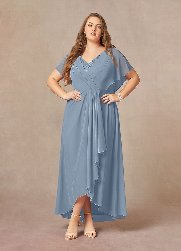 Azazie Eliza Mother of the Brides Dresses Dusty Blue A-Line V-Neck Pleated Chiffon Dress image1