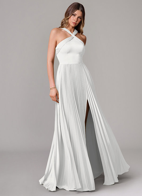 Azazie Afra Abiti da Damigella Abito A-Line in Raso Elasticizzato Plissettato Bianco image1