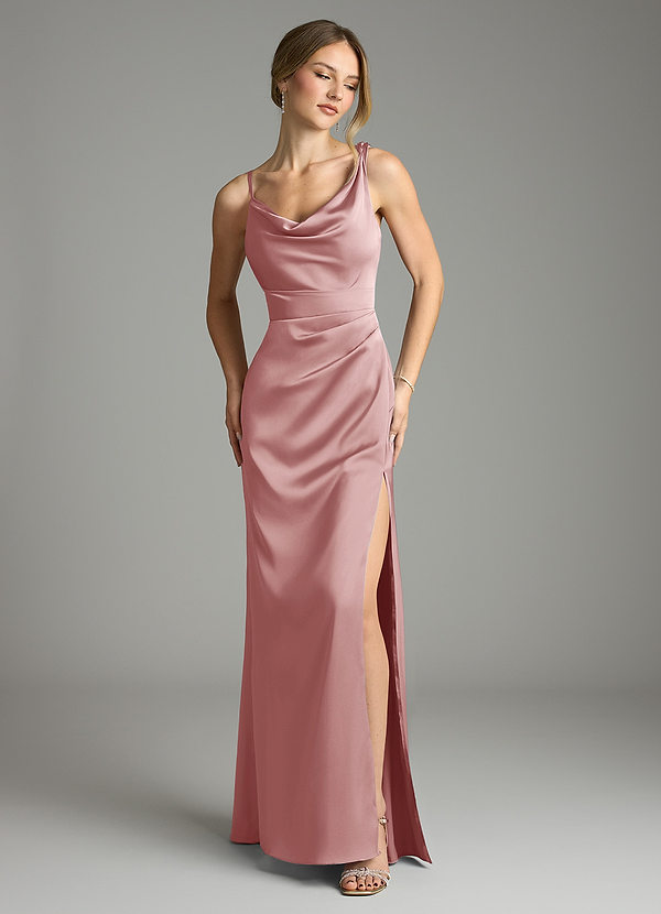 Azazie Samara Robes Demoiselle d'honneur Robe Sirène en Satin extensible Plissée Rose Poussiéreuse image1