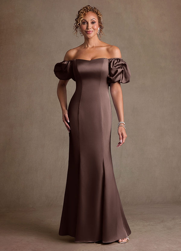 Azazie Redding Suknie dla Matki Panny Młodej Osłona Marszczony Satyna elastyczna Długość podłogi Sukienka image1