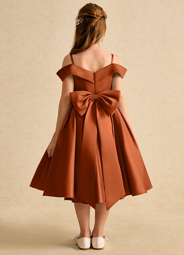 Azazie Favia Flower Girl Dresses Burnt Orange A-Line Off the Shoulder Matte Satin Dress image1
