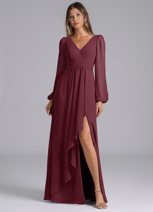 Azazie Liah Abiti da Damigella Abito A-Line in Chiffon Maniche Lunghe Cabernet image1
