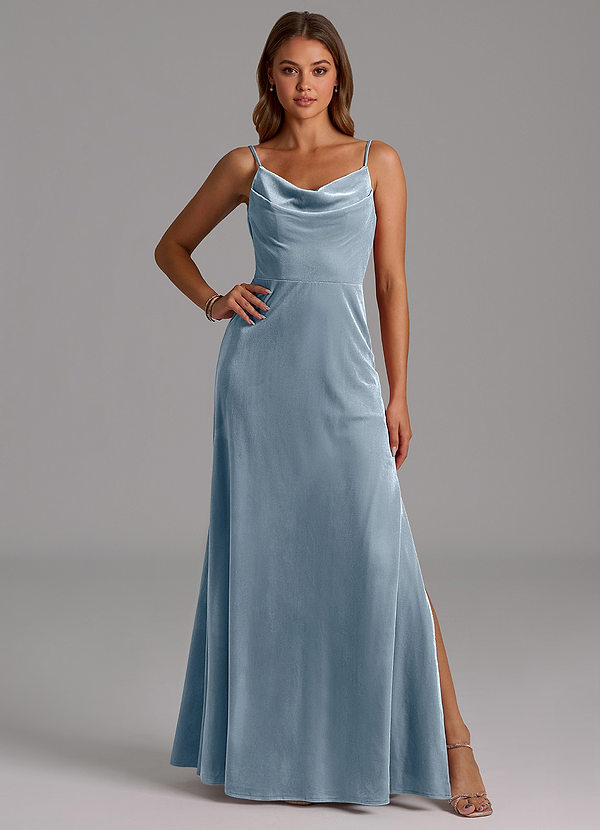 Azazie Olaine Robes Demoiselle d'honneur Robe Trapèze en velours Plissée Bleu Poussiéreux image1